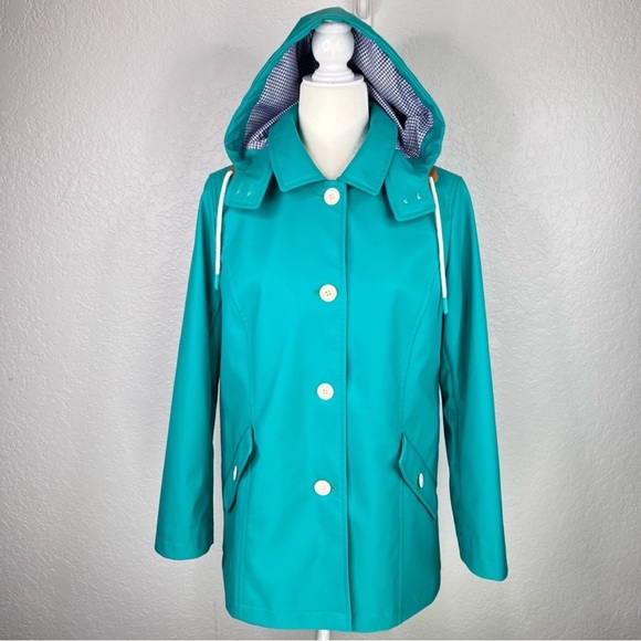 Talbots Classic Raincoat Green/Blue & White Gingham Button Up Hooded Jacket AA - Picture 9 of 11